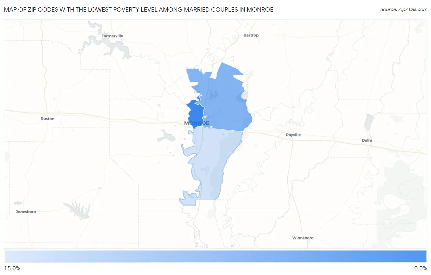 Zip Codes with the Lowest Poverty Level Among Married Couples in Monroe Map