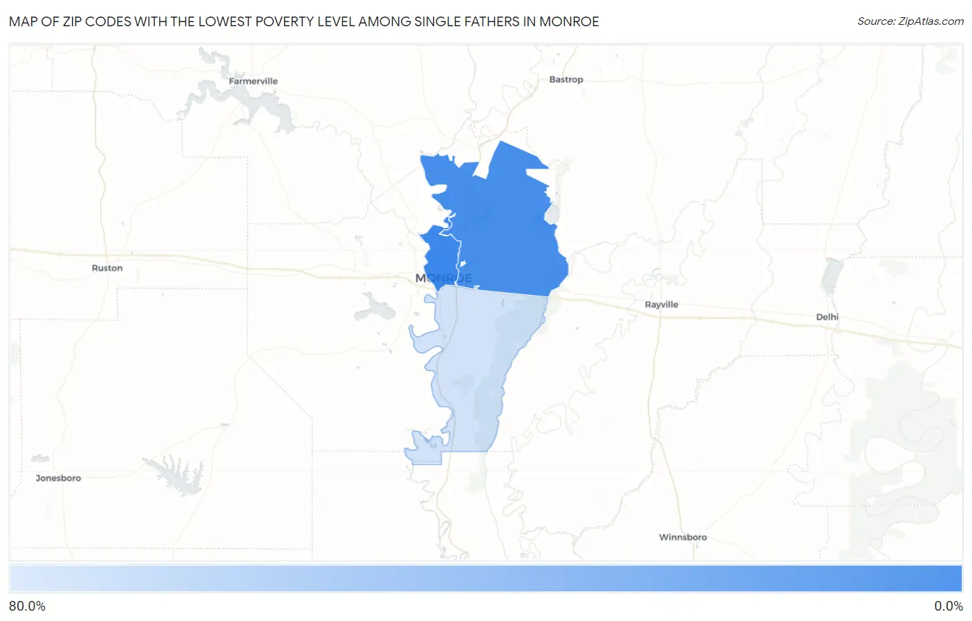 Zip Codes with the Lowest Poverty Level Among Single Fathers in Monroe Map