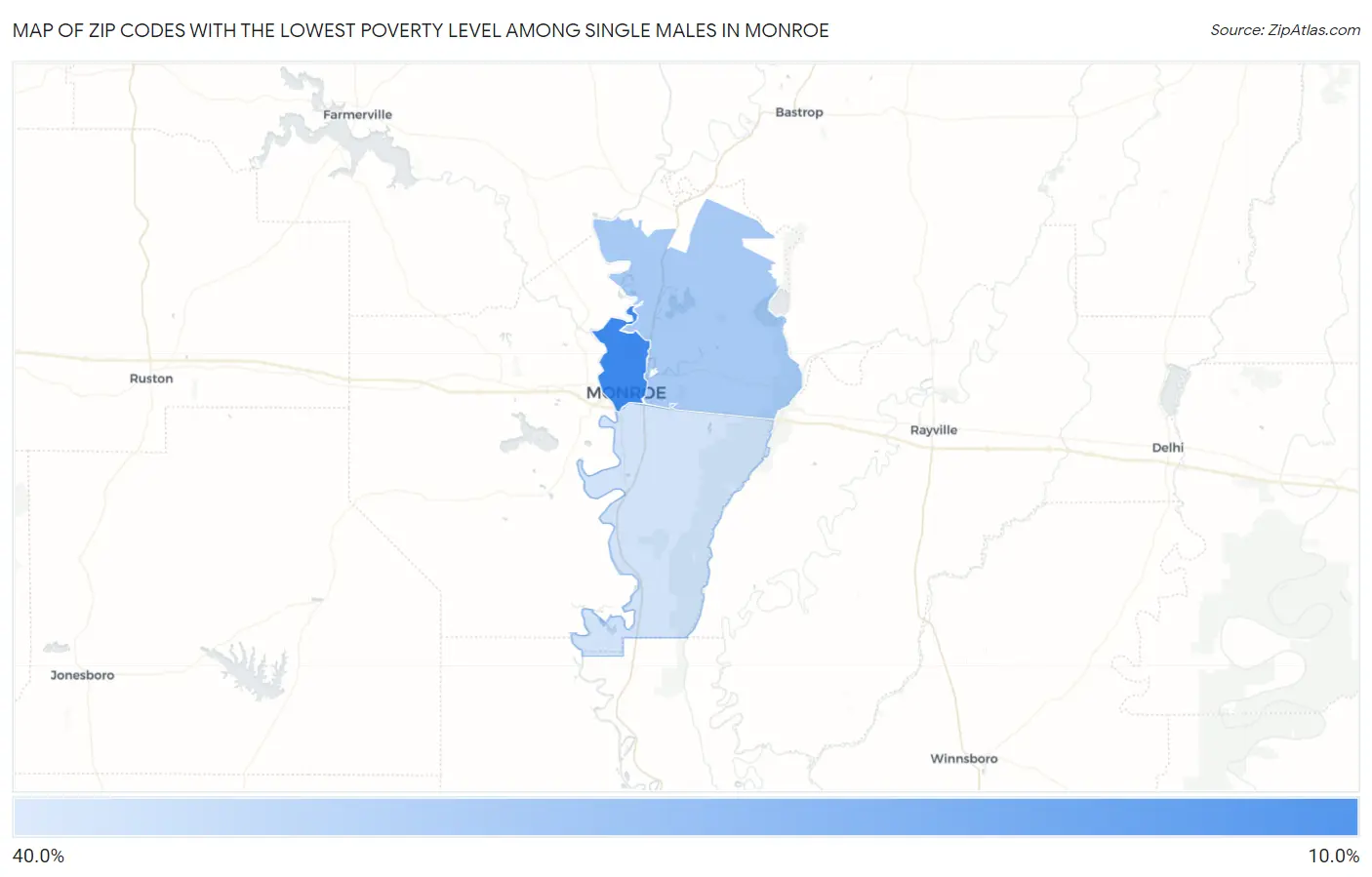 Zip Codes with the Lowest Poverty Level Among Single Males in Monroe Map