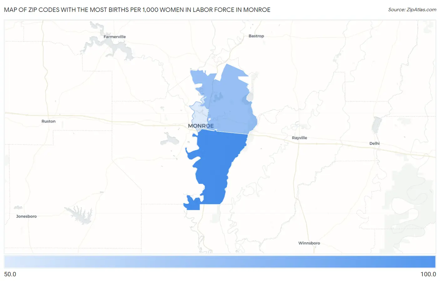 Zip Codes with the Most Births per 1,000 Women in Labor Force in Monroe Map