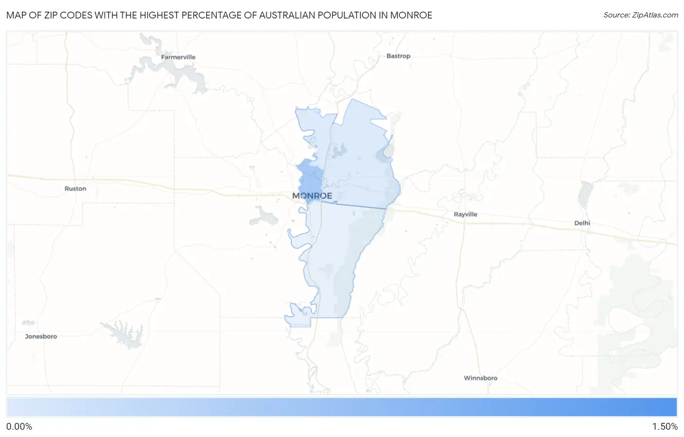 Zip Codes with the Highest Percentage of Australian Population in Monroe Map