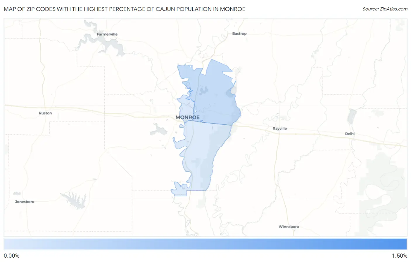 Zip Codes with the Highest Percentage of Cajun Population in Monroe Map