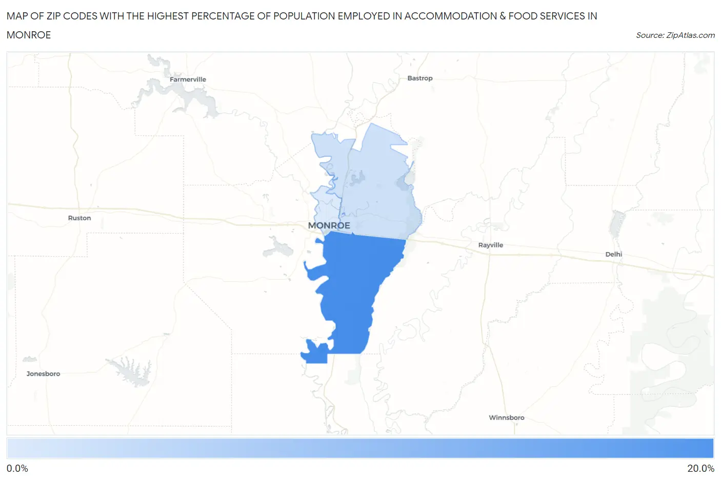 Zip Codes with the Highest Percentage of Population Employed in Accommodation & Food Services in Monroe Map