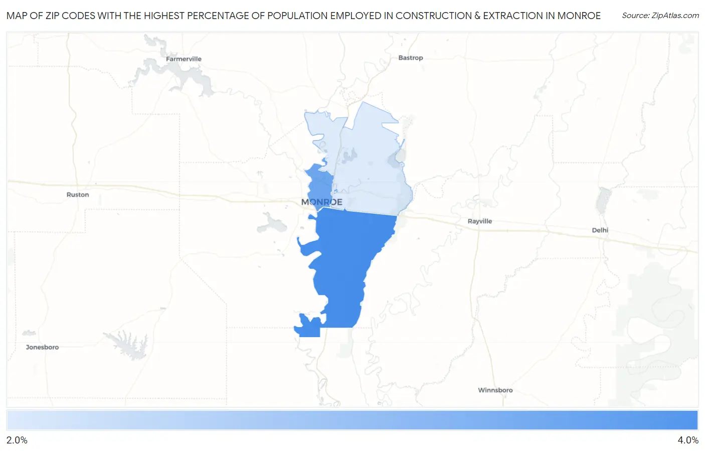 Zip Codes with the Highest Percentage of Population Employed in Construction & Extraction in Monroe Map