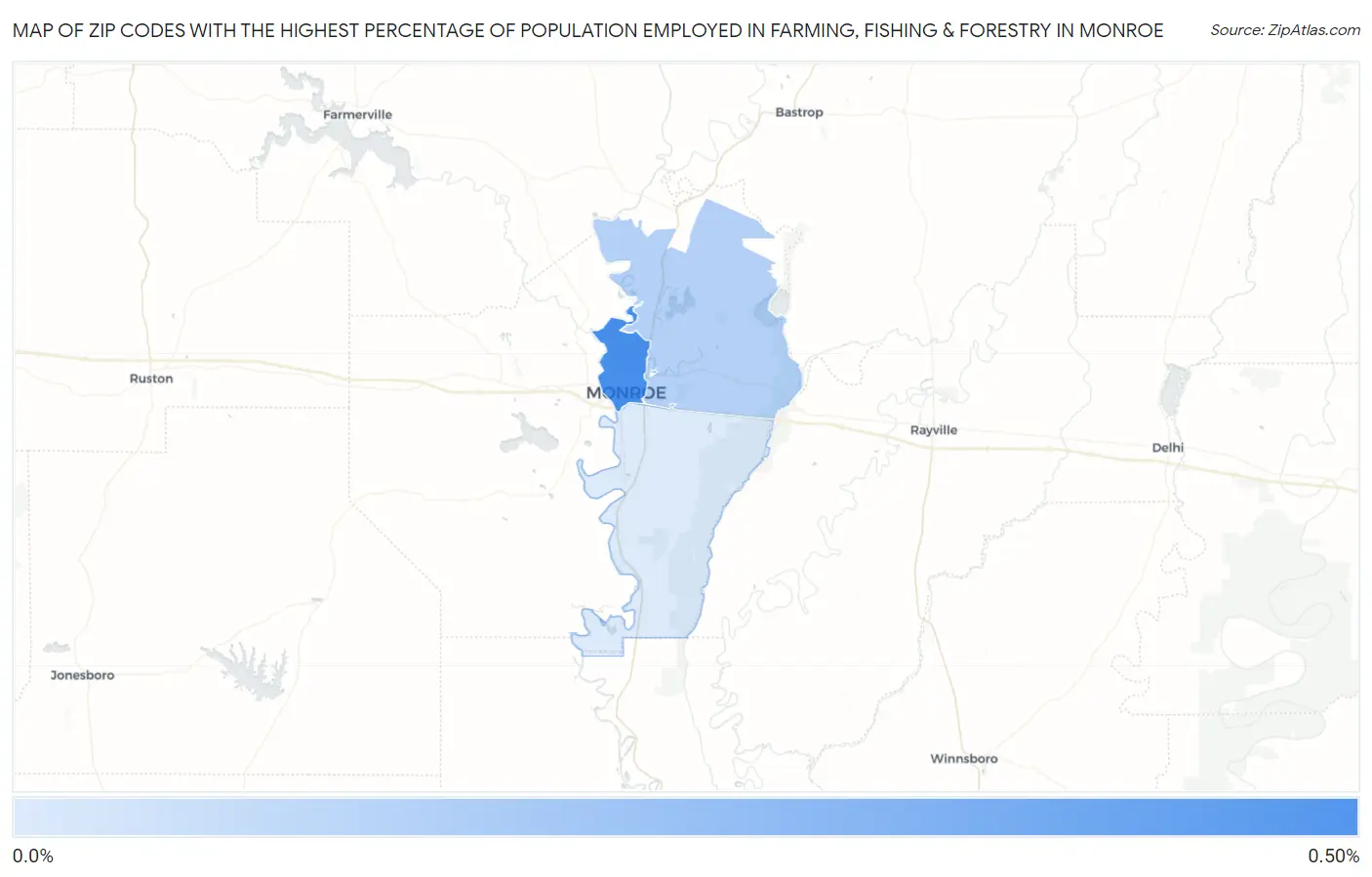 Zip Codes with the Highest Percentage of Population Employed in Farming, Fishing & Forestry in Monroe Map