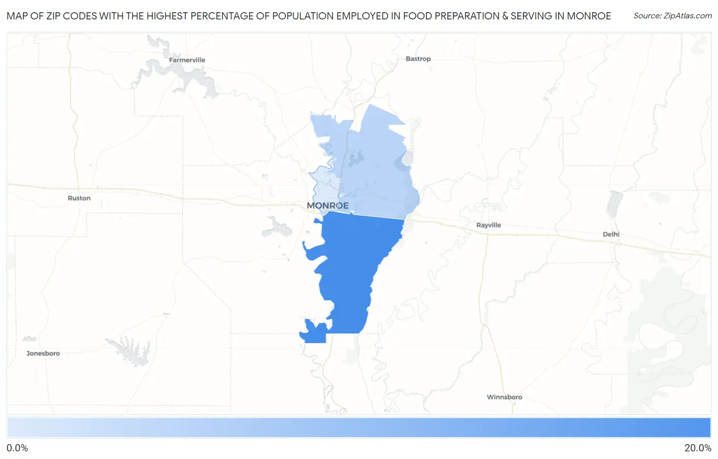 Zip Codes with the Highest Percentage of Population Employed in Food Preparation & Serving in Monroe Map