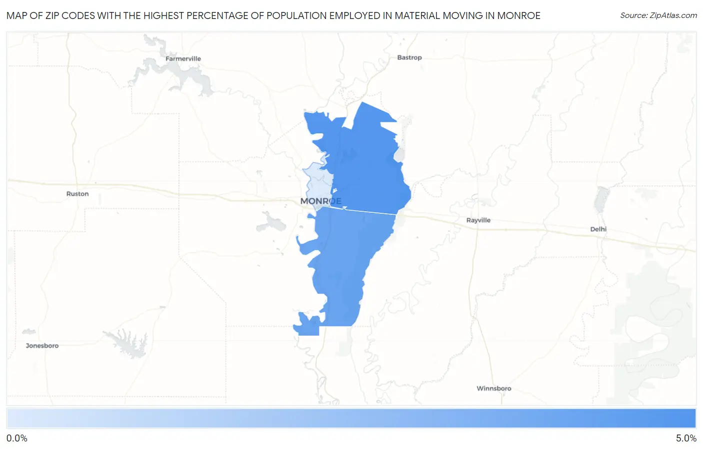 Zip Codes with the Highest Percentage of Population Employed in Material Moving in Monroe Map