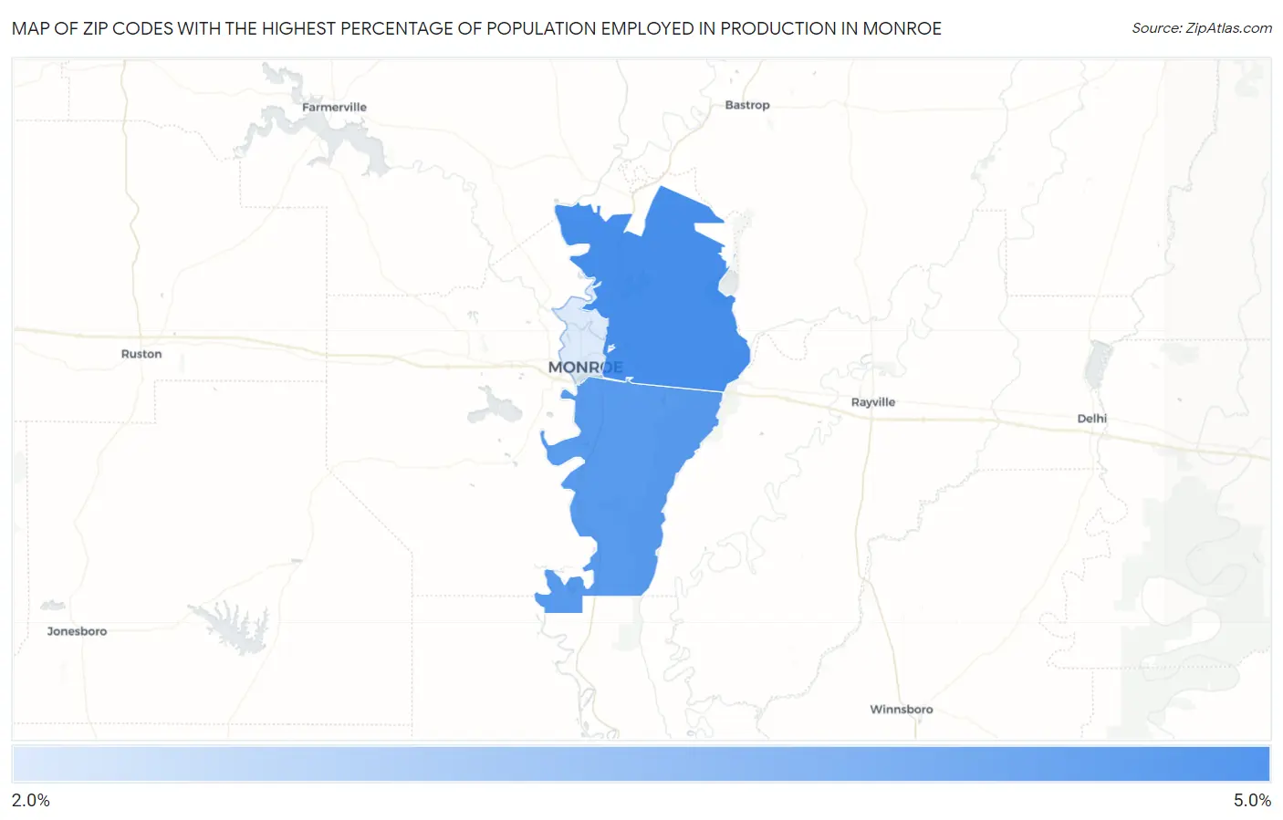 Zip Codes with the Highest Percentage of Population Employed in Production in Monroe Map
