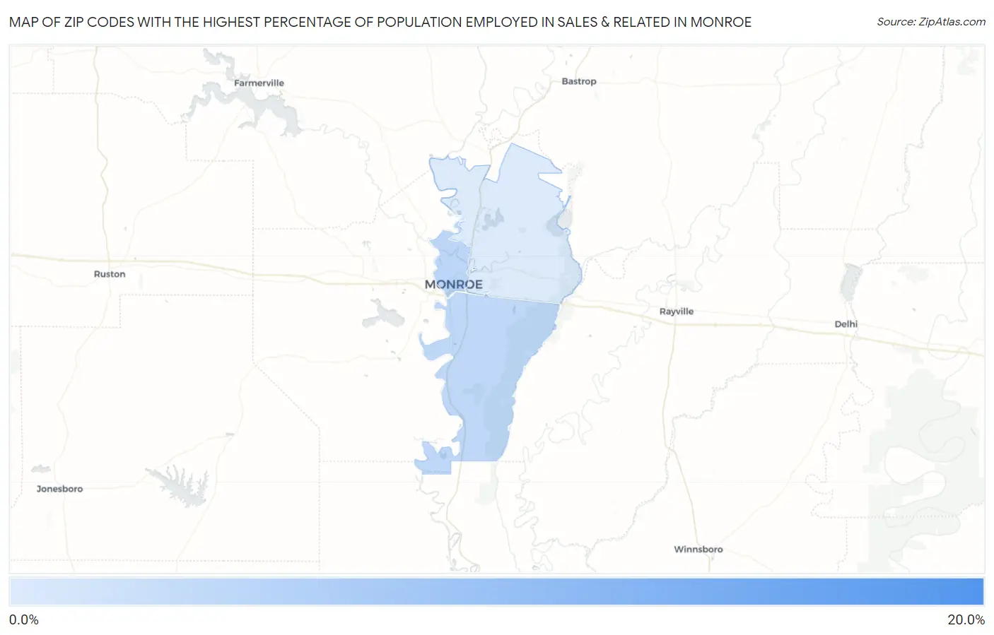 Zip Codes with the Highest Percentage of Population Employed in Sales & Related in Monroe Map