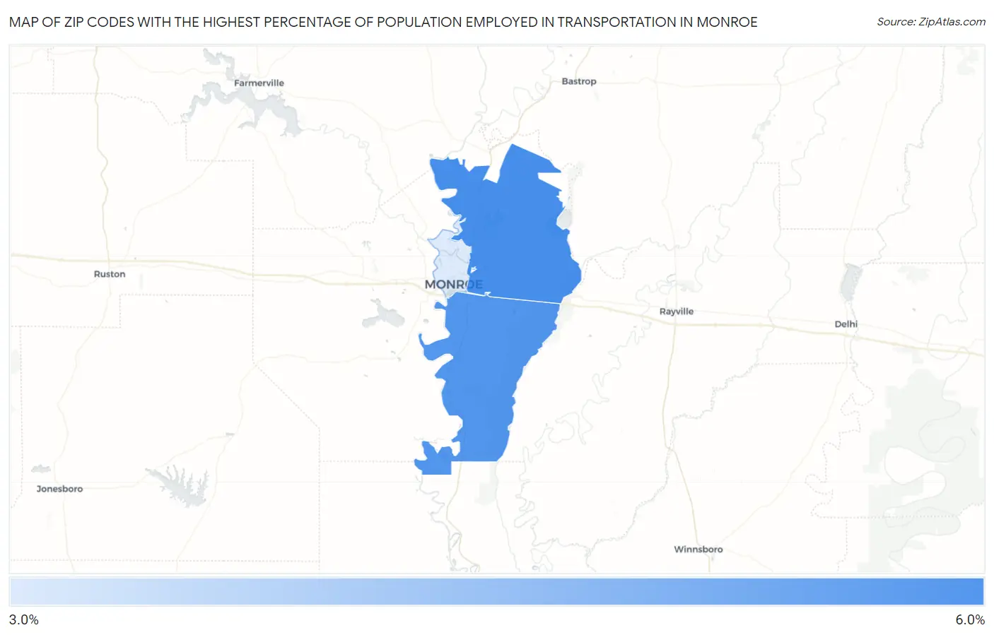 Zip Codes with the Highest Percentage of Population Employed in Transportation in Monroe Map