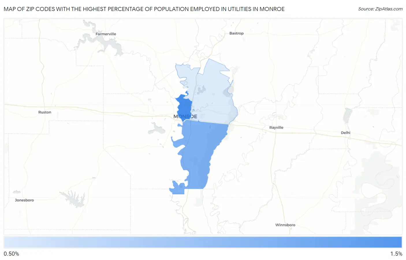 Zip Codes with the Highest Percentage of Population Employed in Utilities in Monroe Map