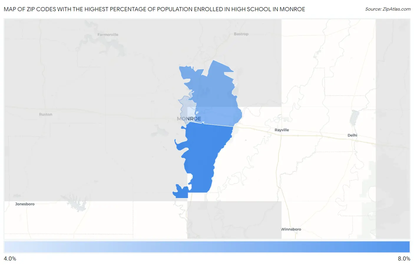Zip Codes with the Highest Percentage of Population Enrolled in High School in Monroe Map