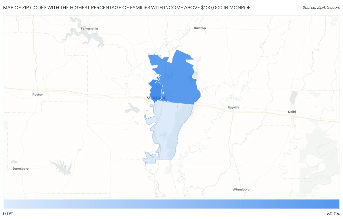 Zip Codes with the Highest Percentage of Families with Income Above $100,000 in Monroe Map