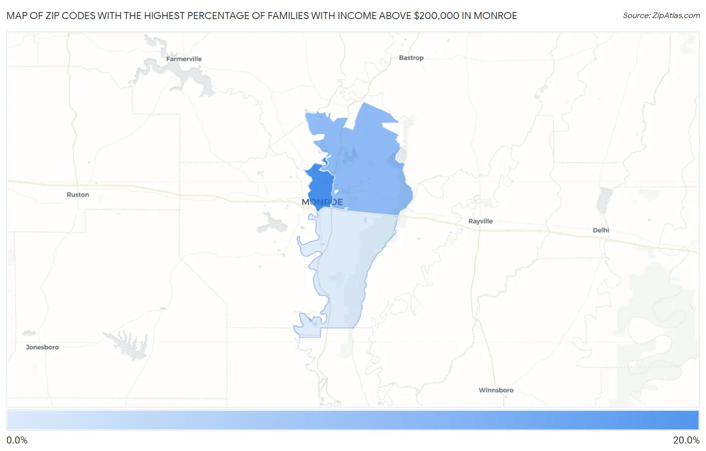 Zip Codes with the Highest Percentage of Families with Income Above $200,000 in Monroe Map