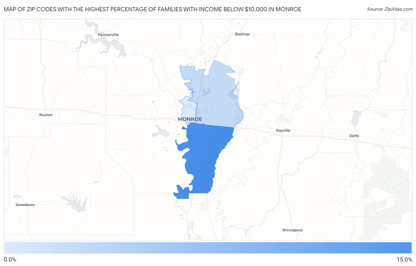 Zip Codes with the Highest Percentage of Families with Income Below $10,000 in Monroe Map