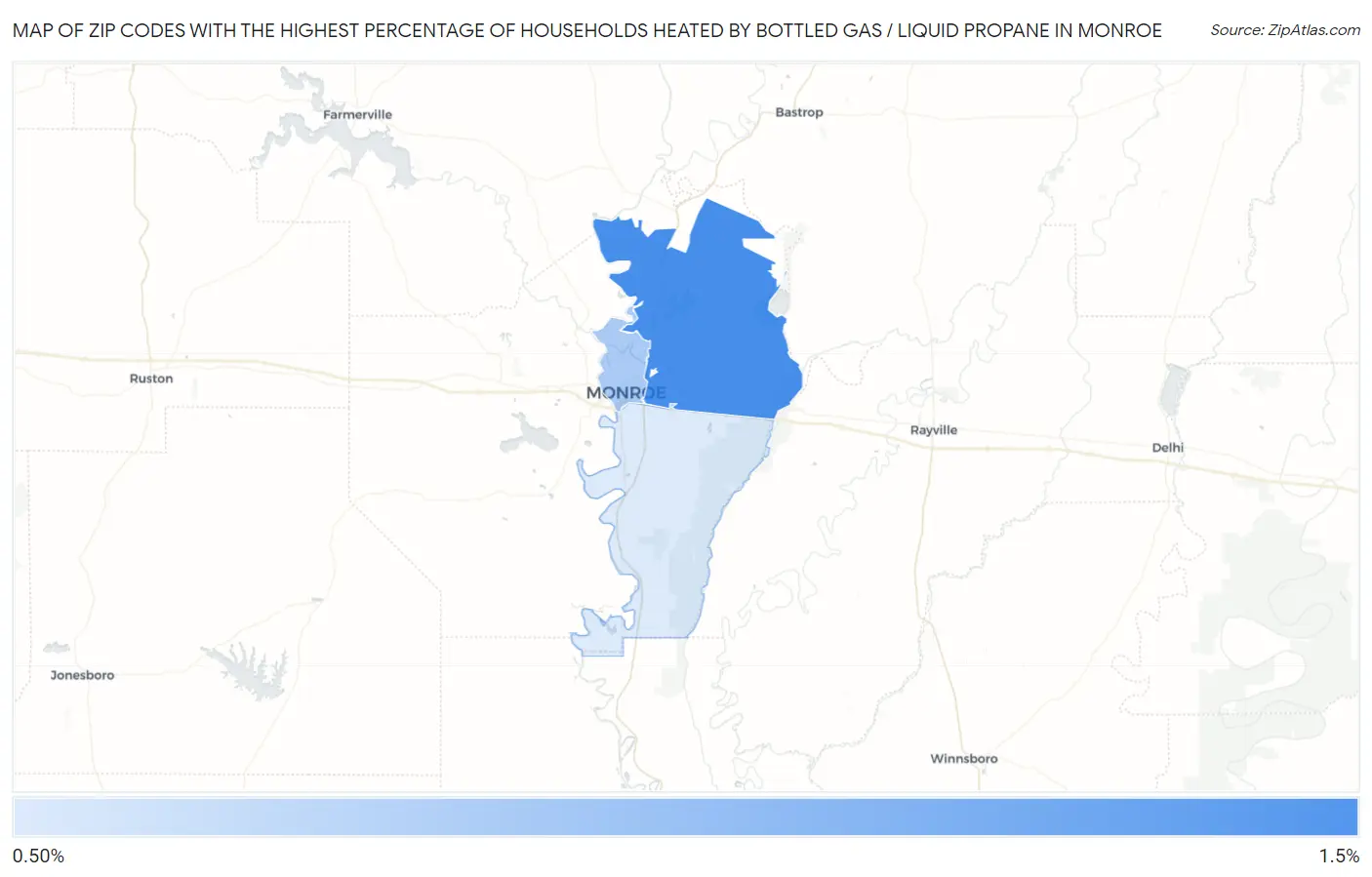 Zip Codes with the Highest Percentage of Households Heated by Bottled Gas / Liquid Propane in Monroe Map