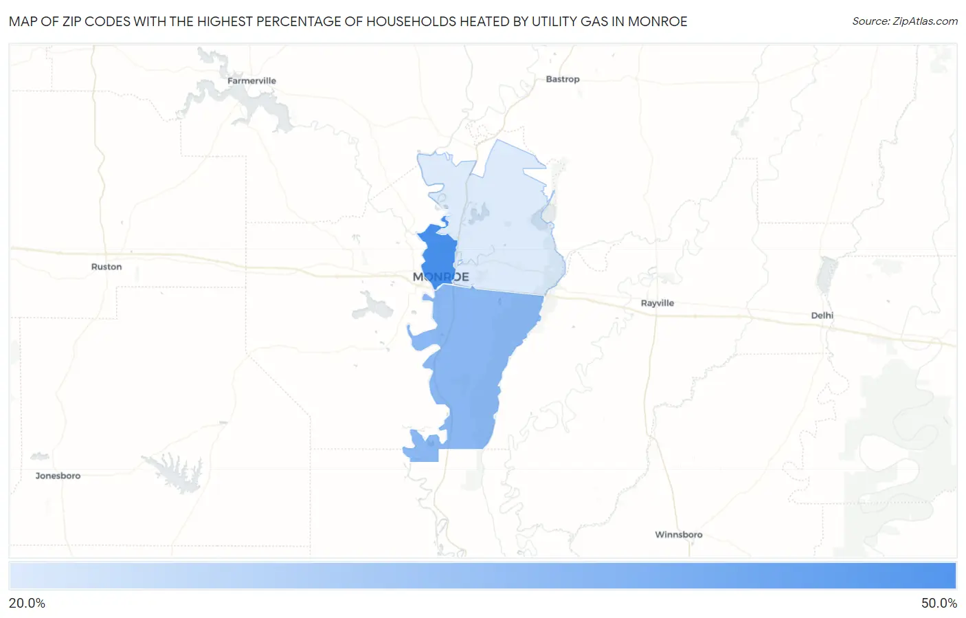 Zip Codes with the Highest Percentage of Households Heated by Utility Gas in Monroe Map