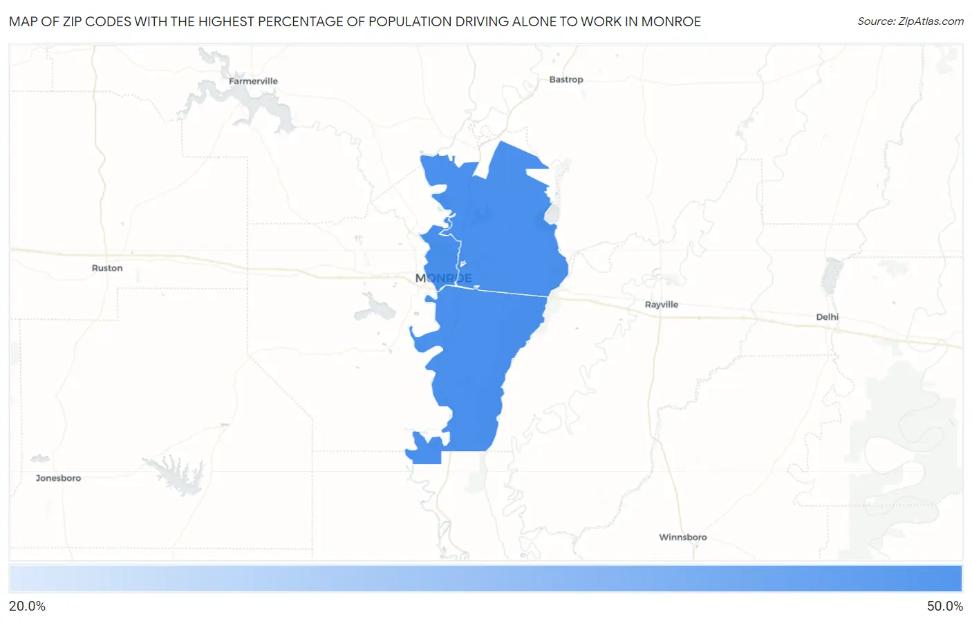 Zip Codes with the Highest Percentage of Population Driving Alone to Work in Monroe Map