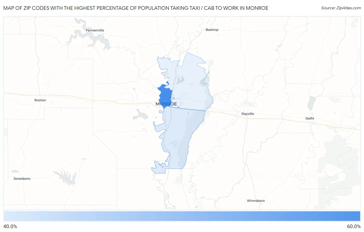 Zip Codes with the Highest Percentage of Population Taking Taxi / Cab to Work in Monroe Map