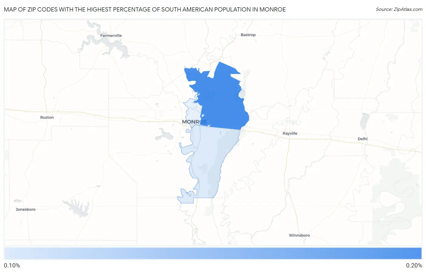 Zip Codes with the Highest Percentage of South American Population in Monroe Map