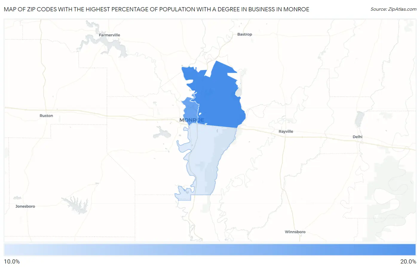 Zip Codes with the Highest Percentage of Population with a Degree in Business in Monroe Map