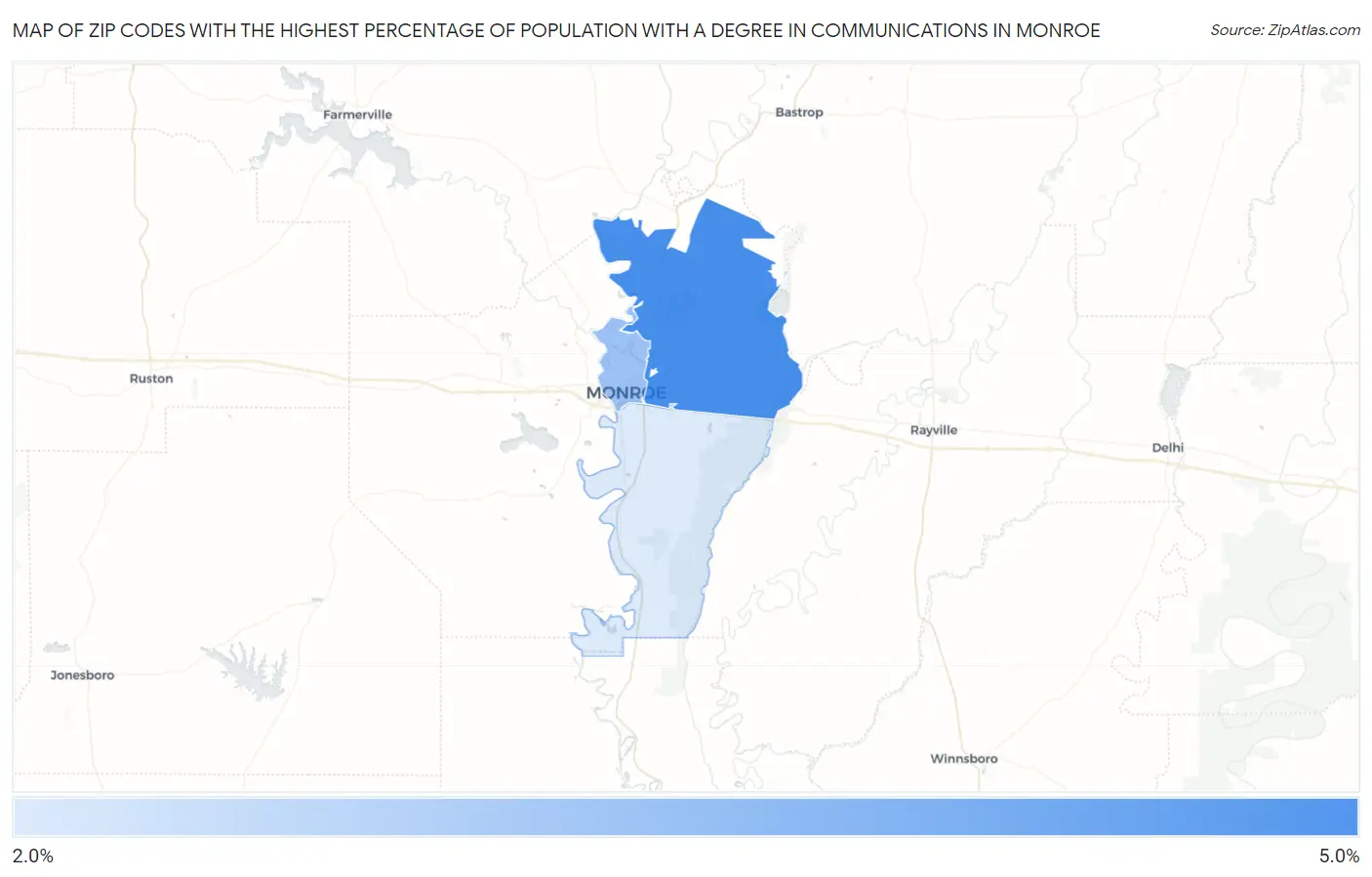 Zip Codes with the Highest Percentage of Population with a Degree in Communications in Monroe Map