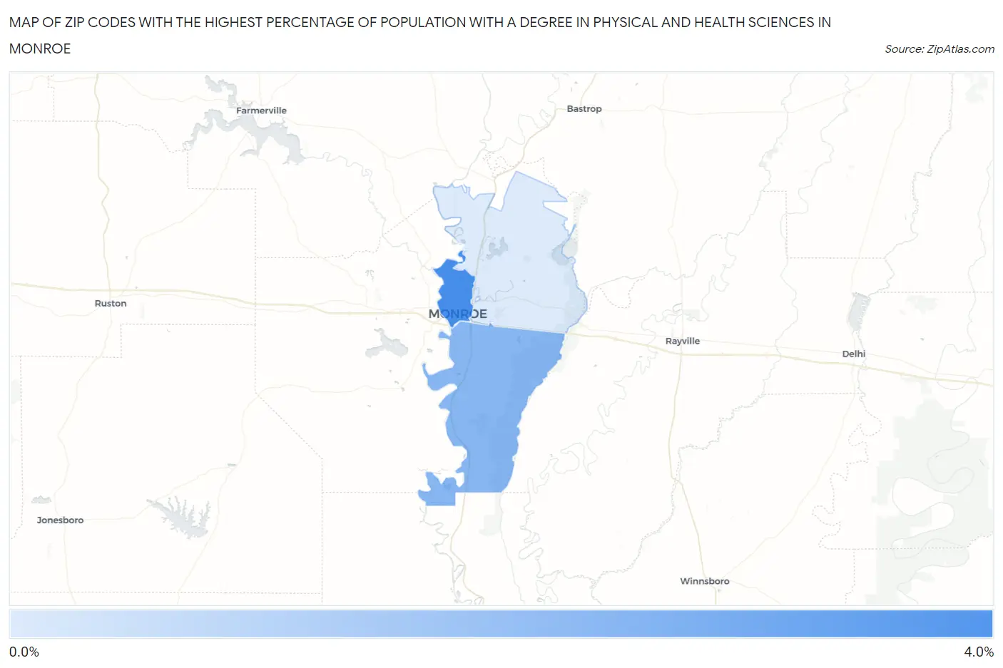 Zip Codes with the Highest Percentage of Population with a Degree in Physical and Health Sciences in Monroe Map
