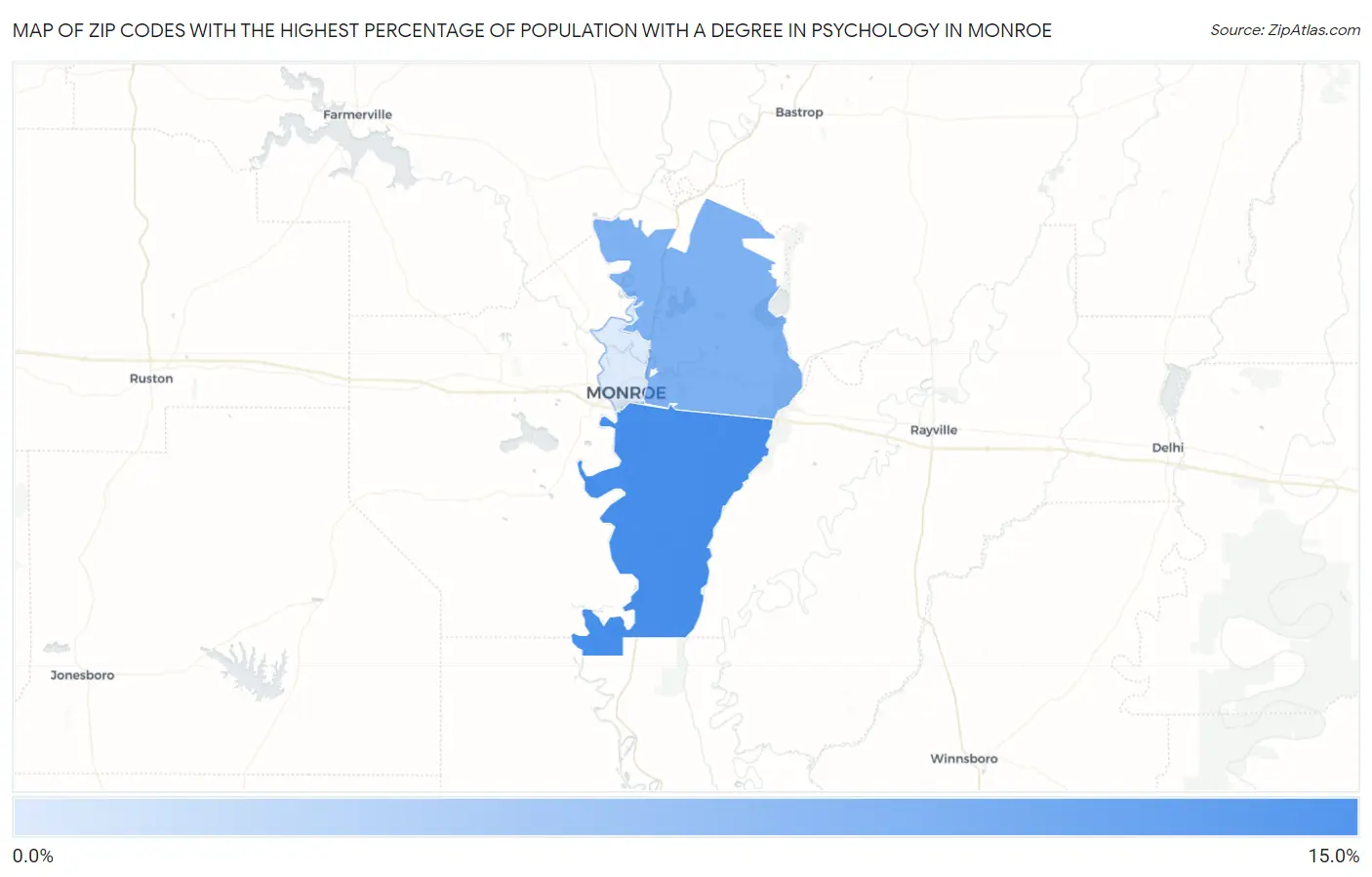 Zip Codes with the Highest Percentage of Population with a Degree in Psychology in Monroe Map