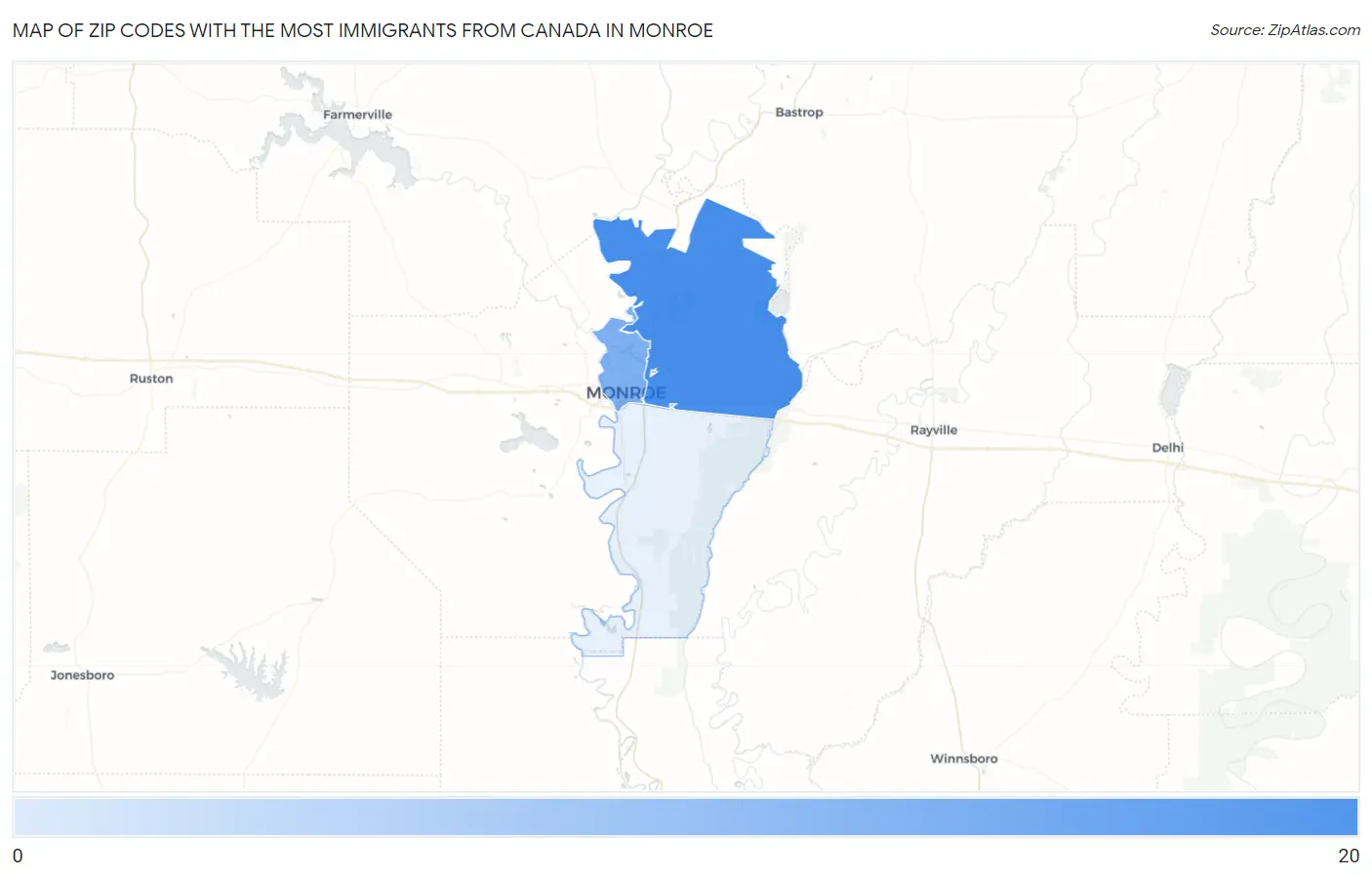 Zip Codes with the Most Immigrants from Canada in Monroe Map