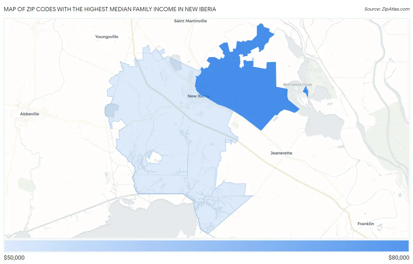 Zip Codes with the Highest Median Family Income in New Iberia Map