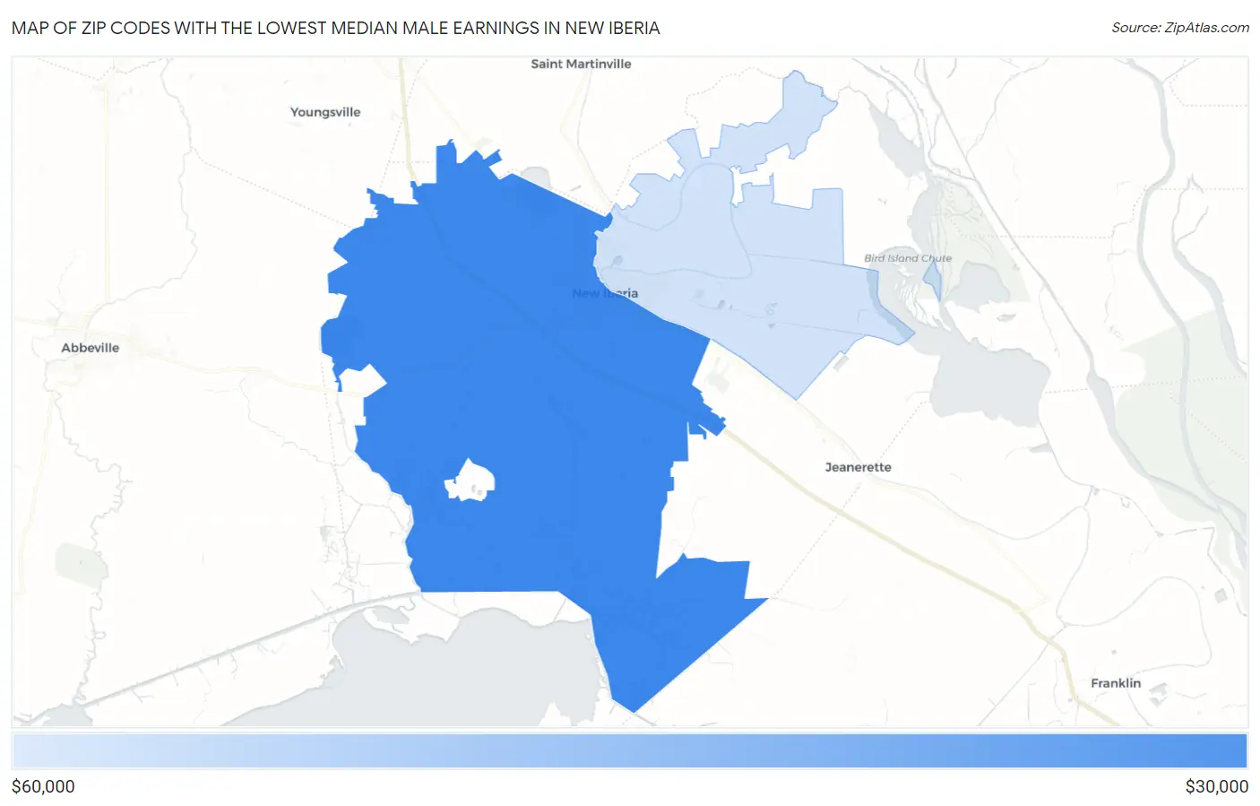 Zip Codes with the Lowest Median Male Earnings in New Iberia Map