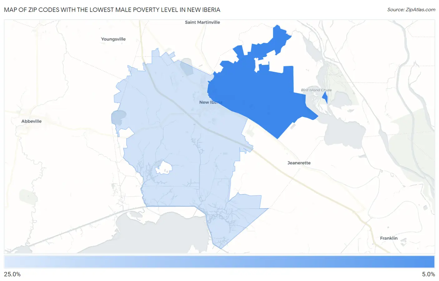 Zip Codes with the Lowest Male Poverty Level in New Iberia Map