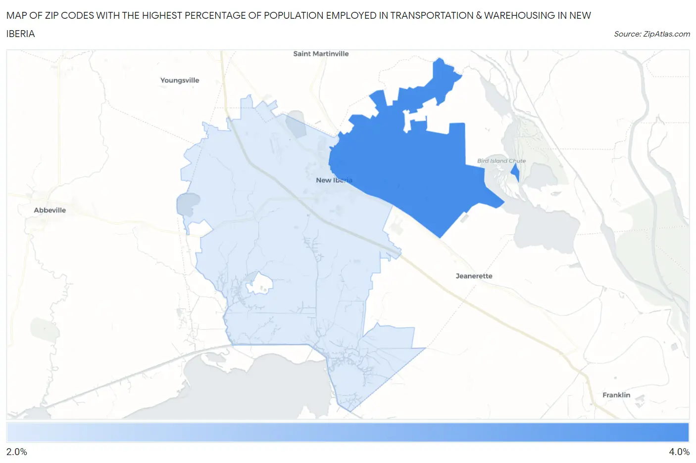 Zip Codes with the Highest Percentage of Population Employed in Transportation & Warehousing in New Iberia Map