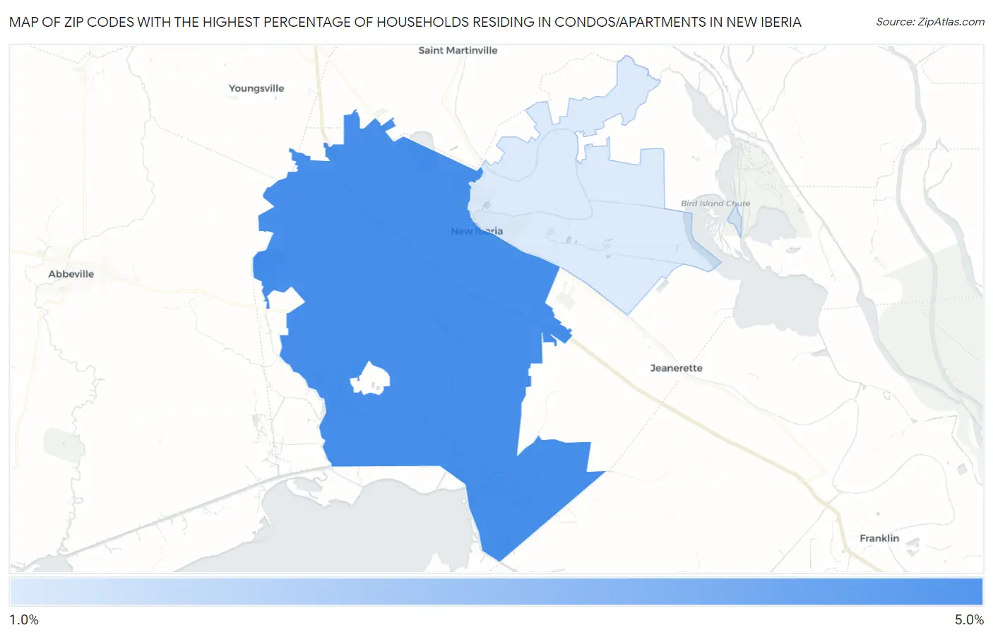 Zip Codes with the Highest Percentage of Households Residing in Condos/Apartments in New Iberia Map