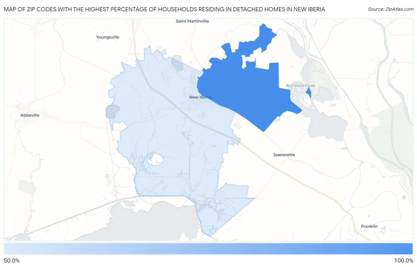 Zip Codes with the Highest Percentage of Households Residing in Detached Homes in New Iberia Map