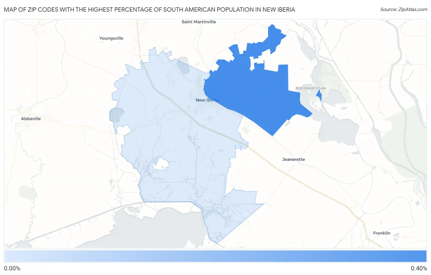 Zip Codes with the Highest Percentage of South American Population in New Iberia Map