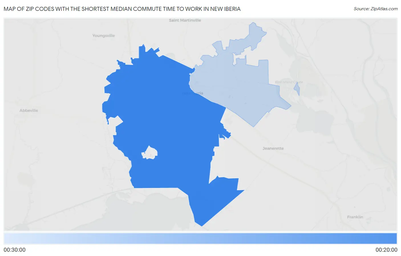 Zip Codes with the Shortest Median Commute Time to Work in New Iberia Map