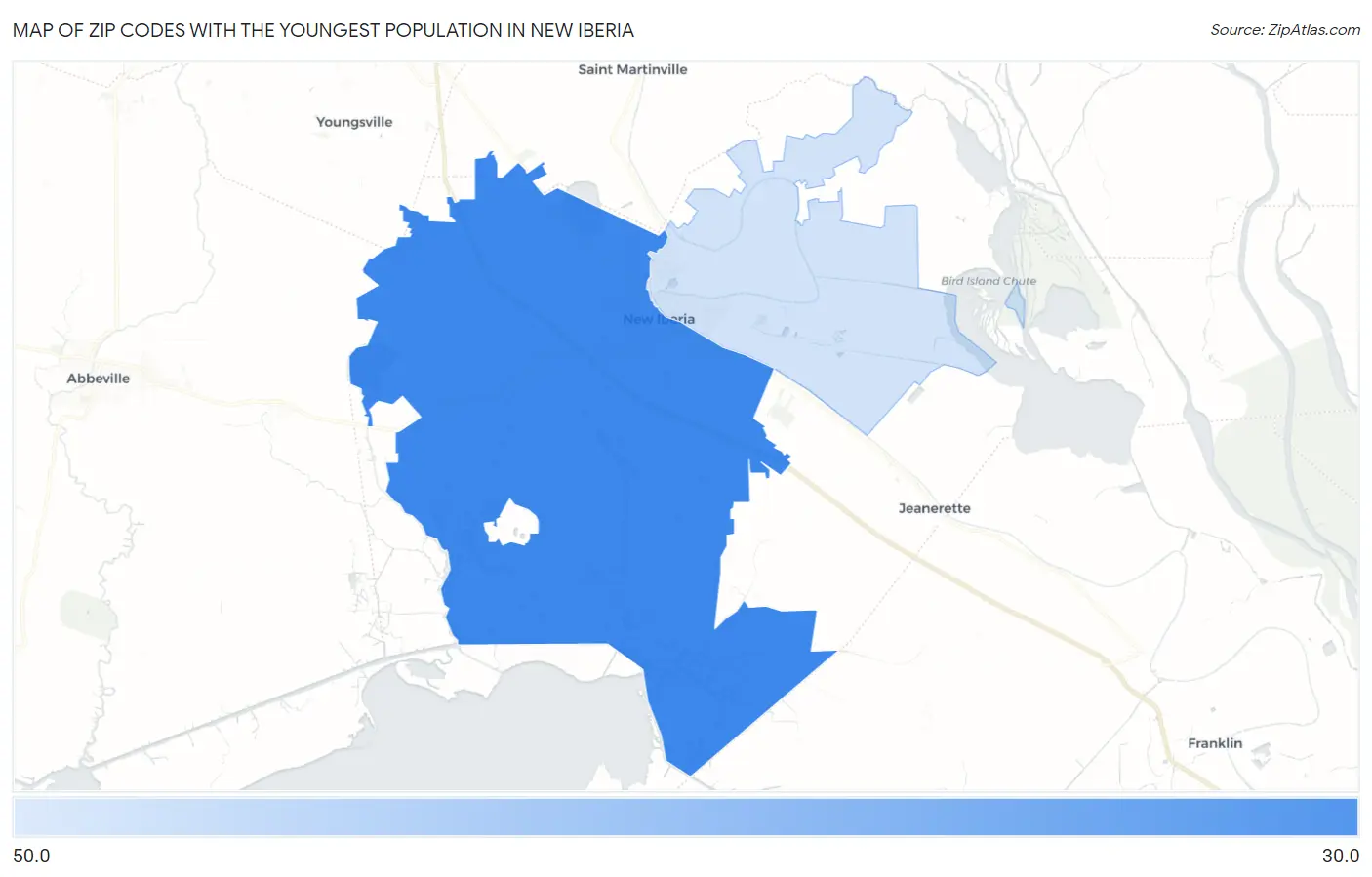 Zip Codes with the Youngest Population in New Iberia Map