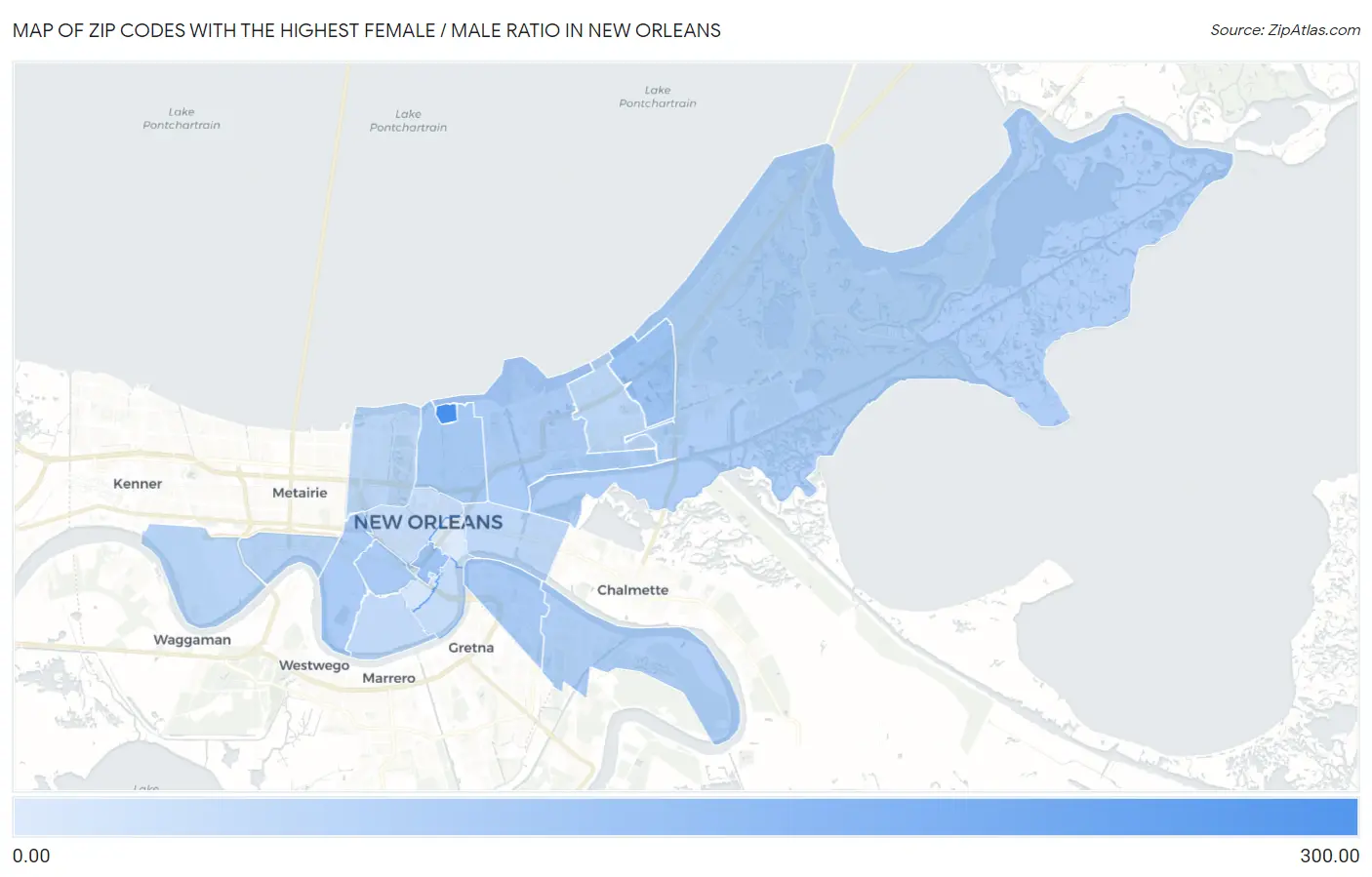 Zip Codes with the Highest Female / Male Ratio in New Orleans Map