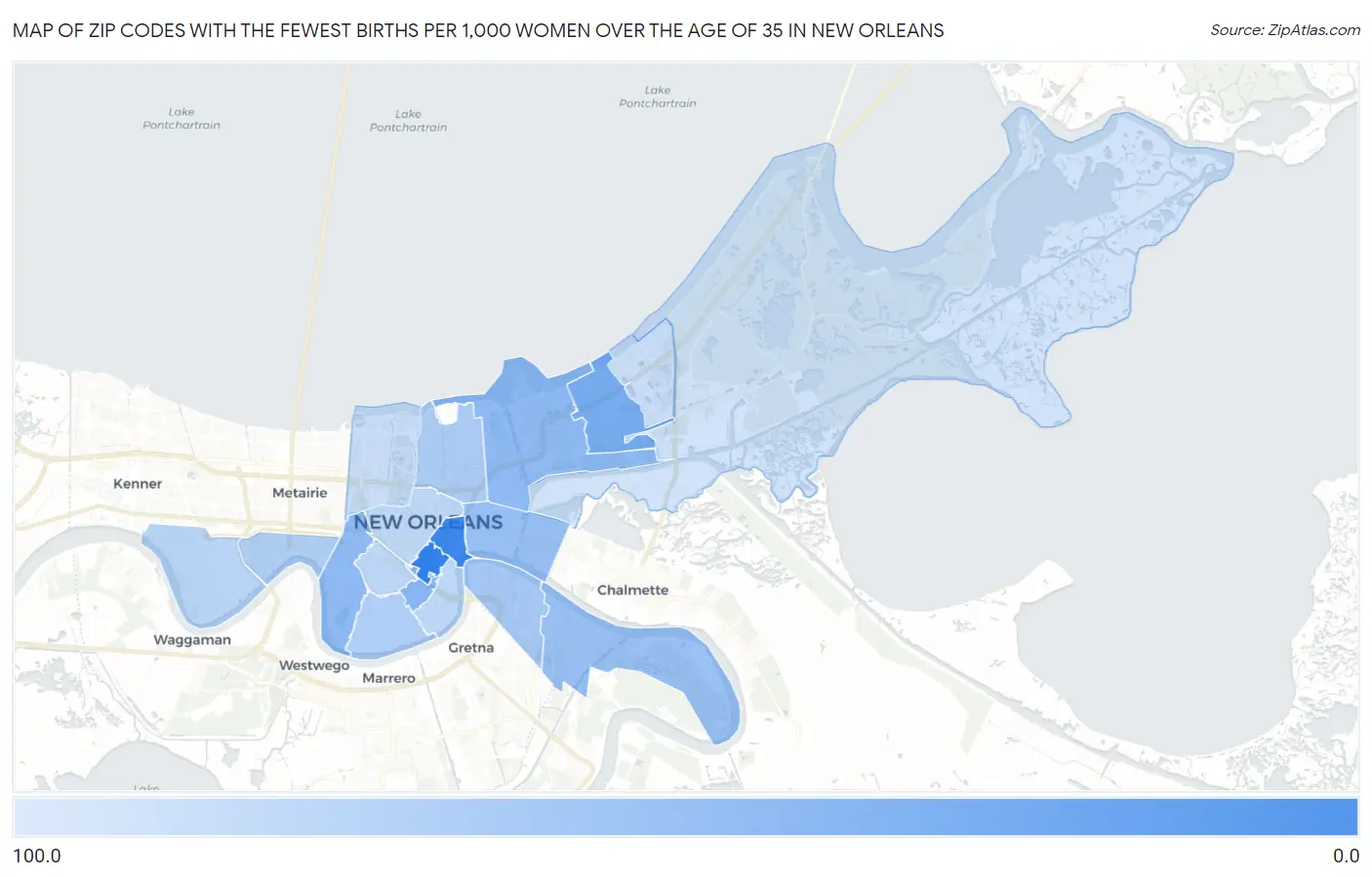 Zip Codes with the Fewest Births per 1,000 Women Over the Age of 35 in New Orleans Map