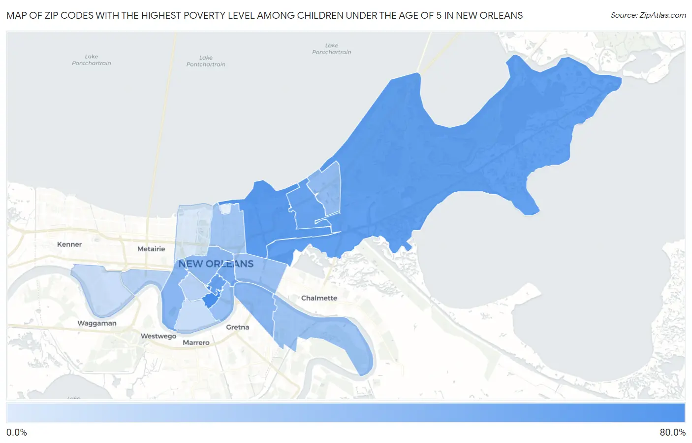 Zip Codes with the Highest Poverty Level Among Children Under the Age of 5 in New Orleans Map