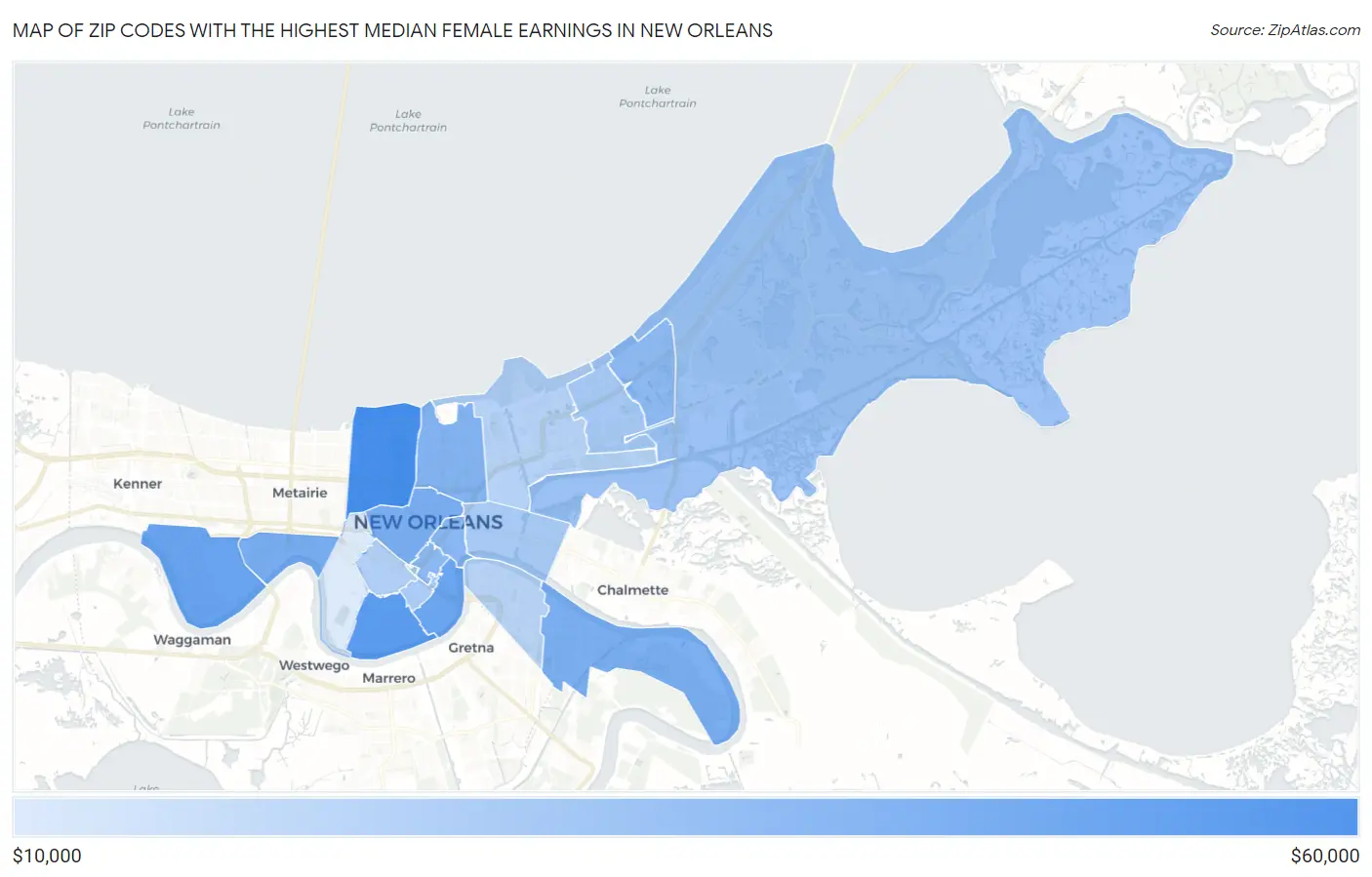 Zip Codes with the Highest Median Female Earnings in New Orleans Map