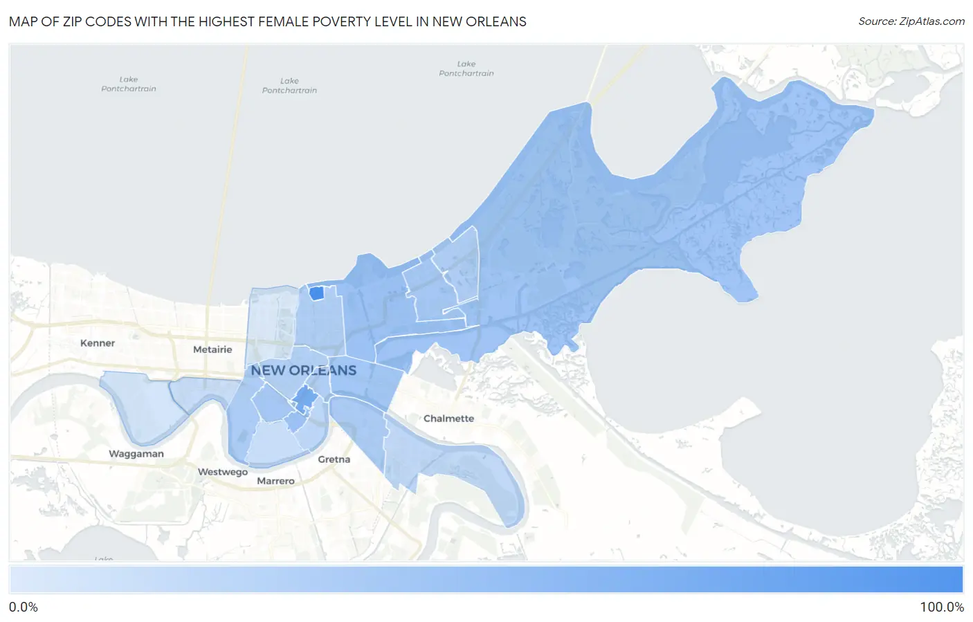 Zip Codes with the Highest Female Poverty Level in New Orleans Map