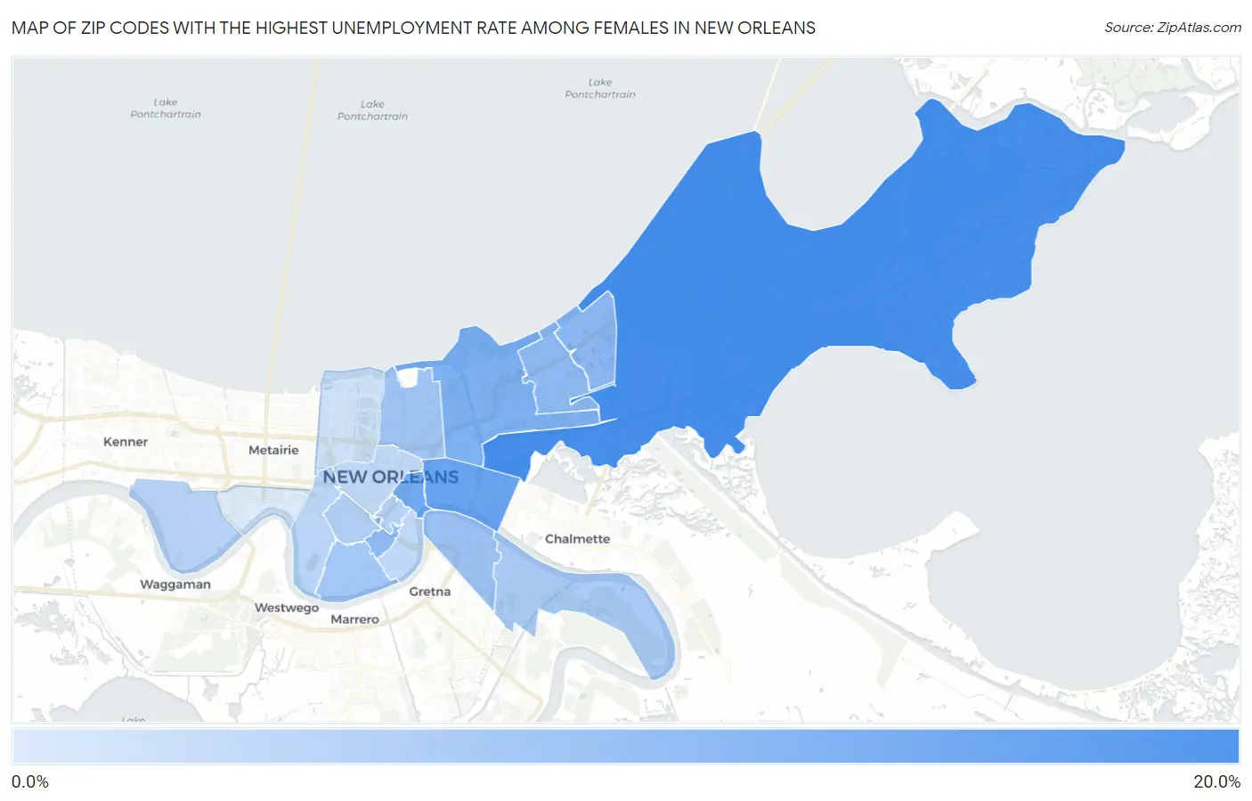 Zip Codes with the Highest Unemployment Rate Among Females in New Orleans Map