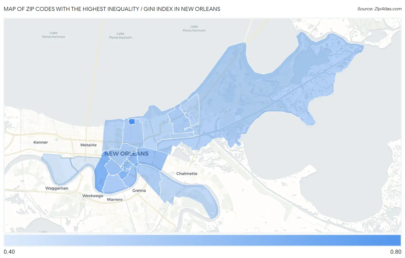 Zip Codes with the Highest Inequality / Gini Index in New Orleans Map