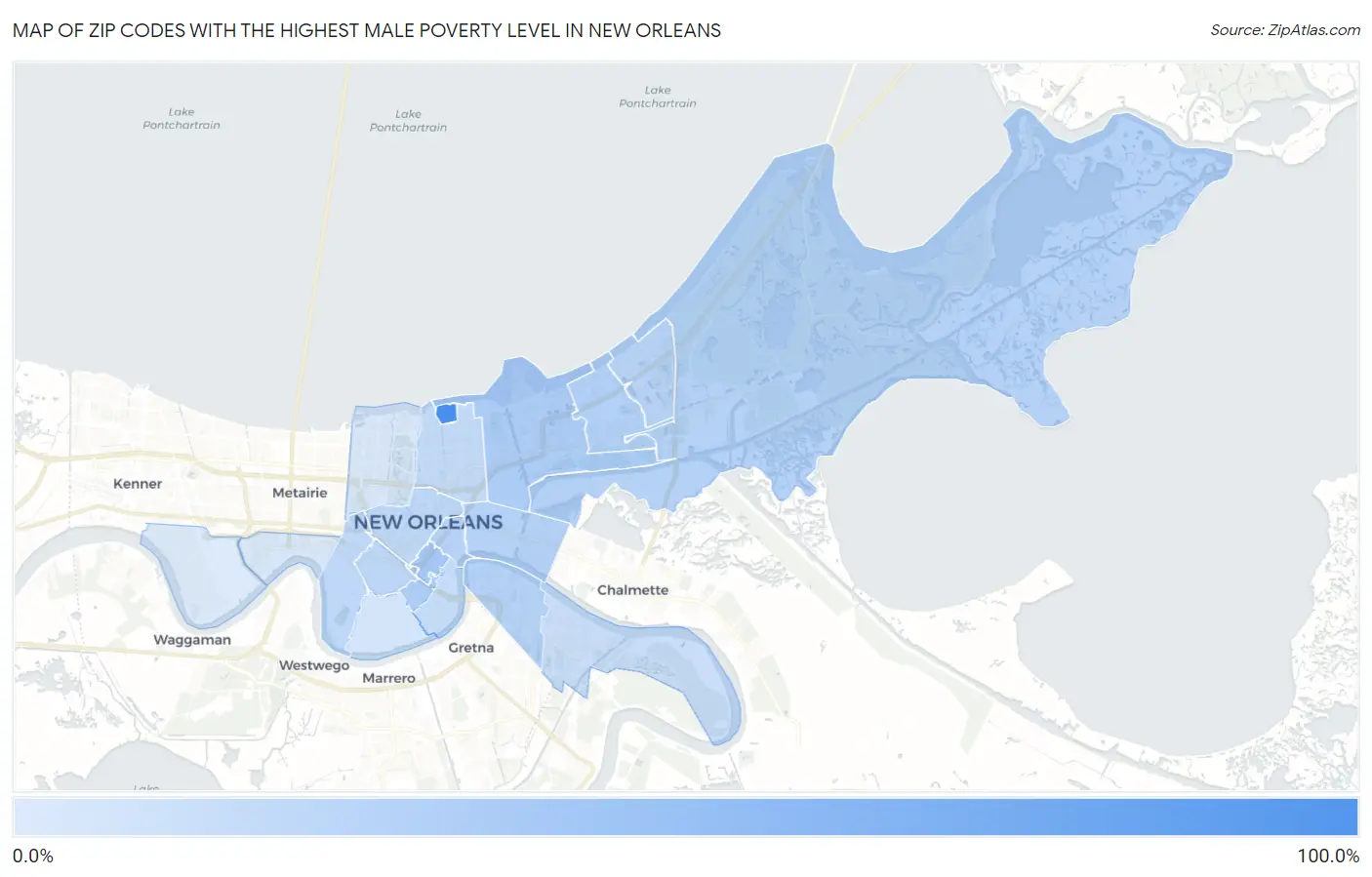 Zip Codes with the Highest Male Poverty Level in New Orleans Map