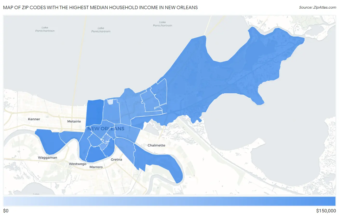 Zip Codes with the Highest Median Household Income in New Orleans Map