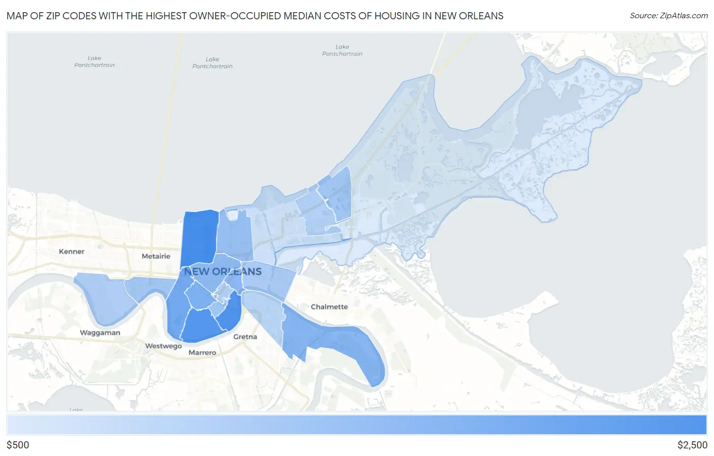 Zip Codes with the Highest Owner-Occupied Median Costs of Housing in New Orleans Map