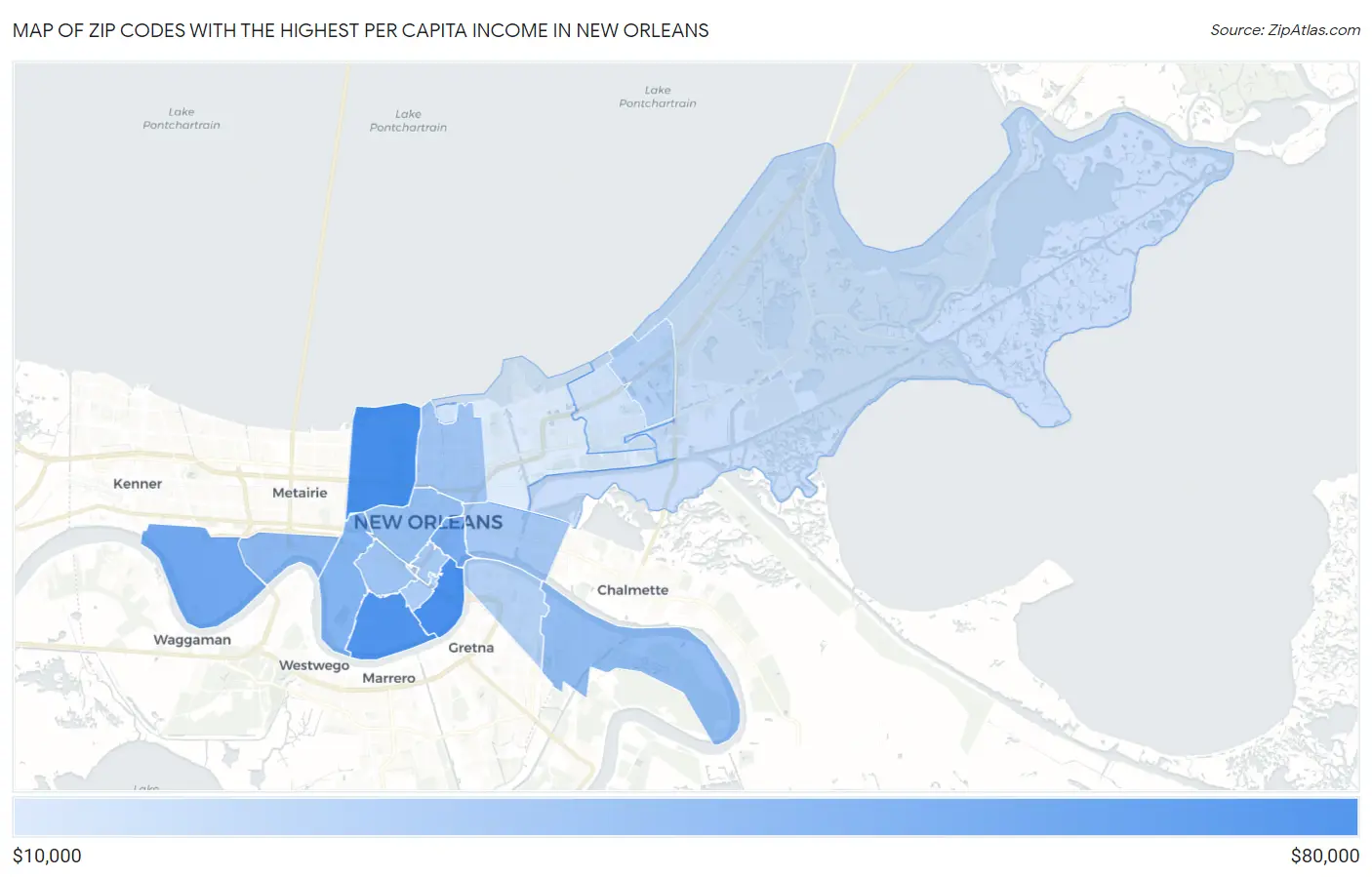 Zip Codes with the Highest Per Capita Income in New Orleans Map