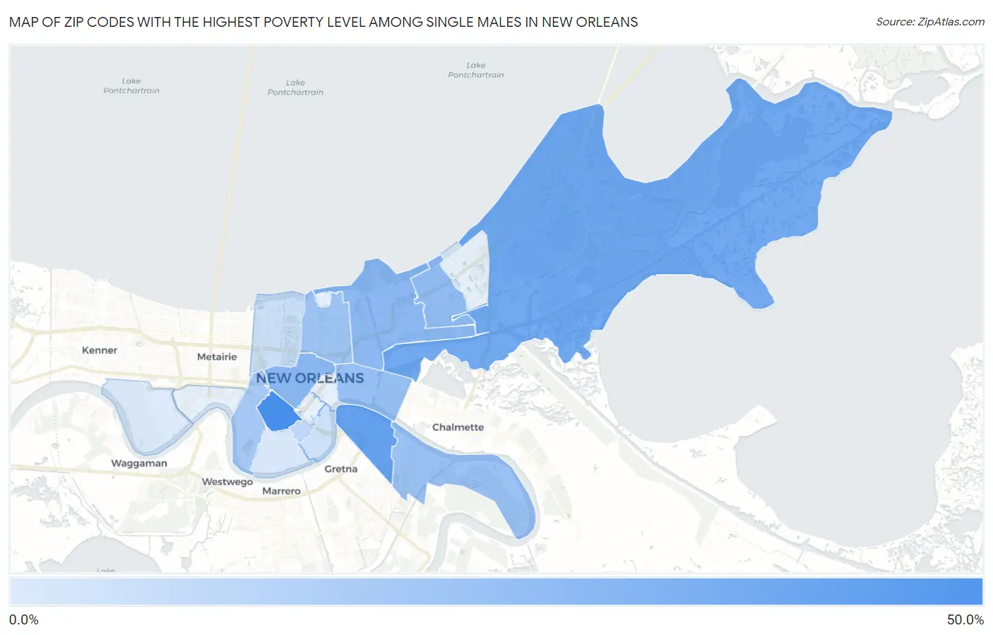 Zip Codes with the Highest Poverty Level Among Single Males in New Orleans Map